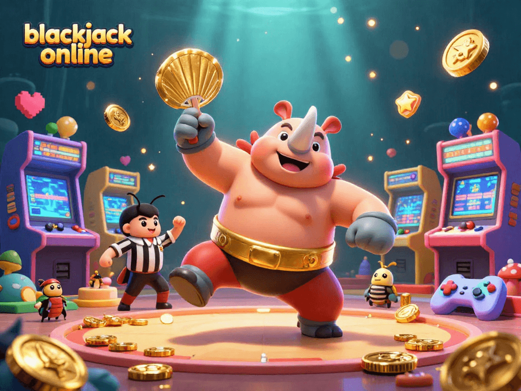 Experience engaging blackjack online with a powerful beetle champion amidst arcade excitement.