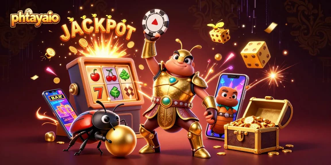 PHTAYaio showcases a victorious hercules beetle lifting a poker chip amidst a colorful casino explosion.