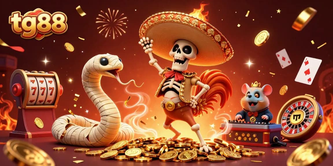 tg88 celebrates winning strategies with a vibrant 3D casino scene featuring festive characters and jackpot elements.