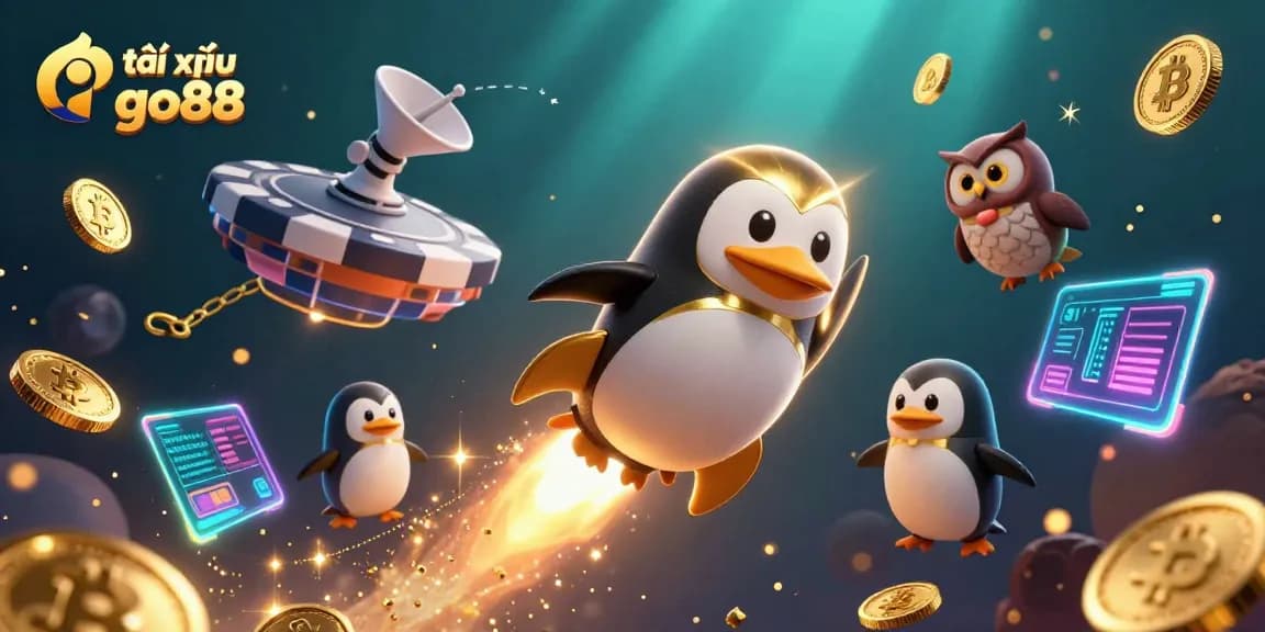 Engage in tài xỉu go88 with thrilling visuals of a rocket-powered penguin and casino elements.