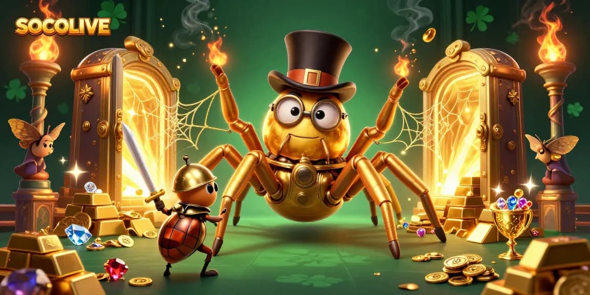 SOCOLIVE offers a thrilling casino adventure with a dynamic golden spider scene, showcasing luxurious treasures.