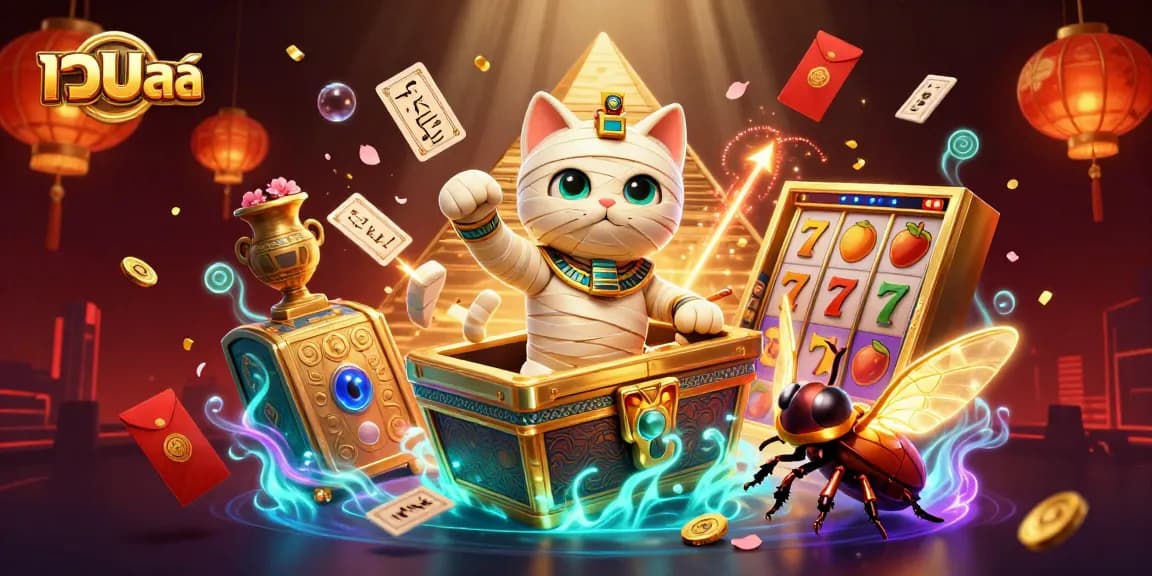 Spin and win big with เว็บสล็อต in this vibrant Egyptian-themed casino illustration featuring a mummy cat.