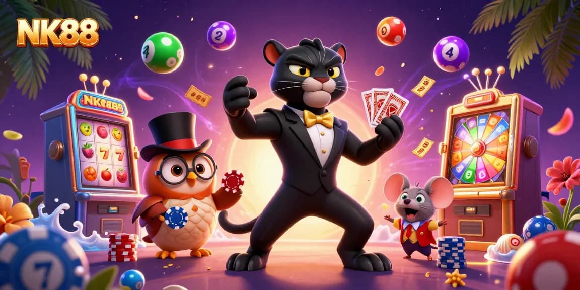 Experience thrilling gaming action with NK88 and stylish characters in this vibrant casino illustration.