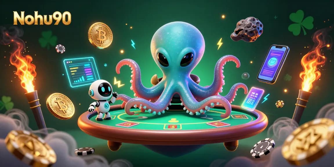 Nohu90 showcases an alien octopus enjoying poker with cryptocurrency elements floating in a vibrant 3D scene
