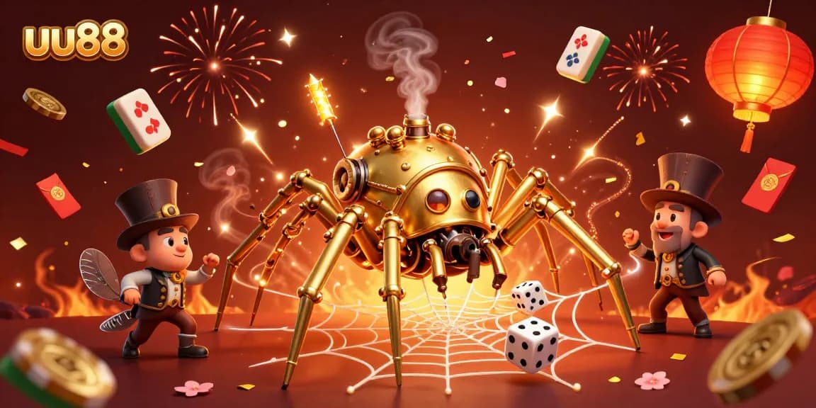 Experience thrilling luck at uu88 with a steampunk spider webbing gold and dice in a vibrant casino illustration.