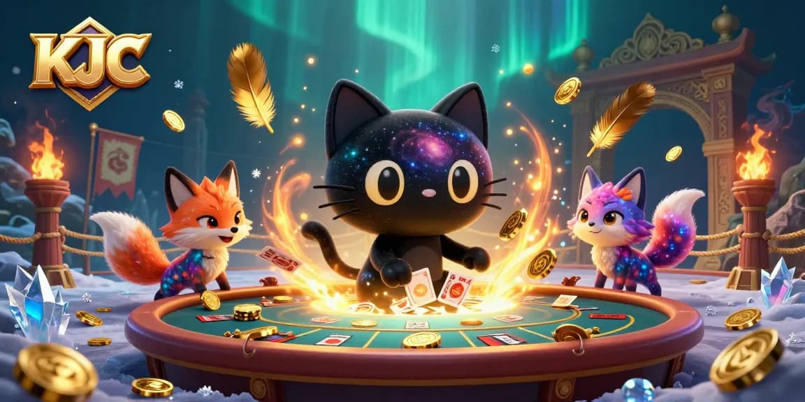 KJC attracts players to a cosmic casino with its whimsical black hole cat and nebula fox, surrounded by vibrant elements.