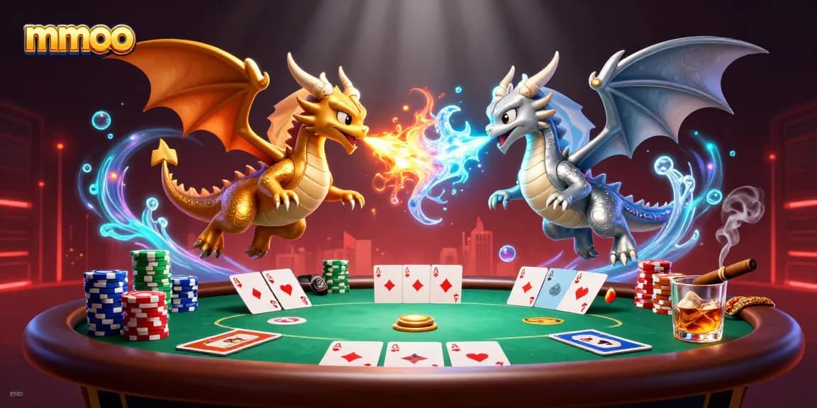 Experience dynamic gameplay with mmoo's vibrant casino atmosphere featuring dragons, poker elements, and rich colors.