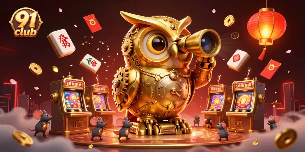 Experience the excitement of 91 club with a dazzling 3D illustration showcasing a golden owl and vibrant casino elements.
