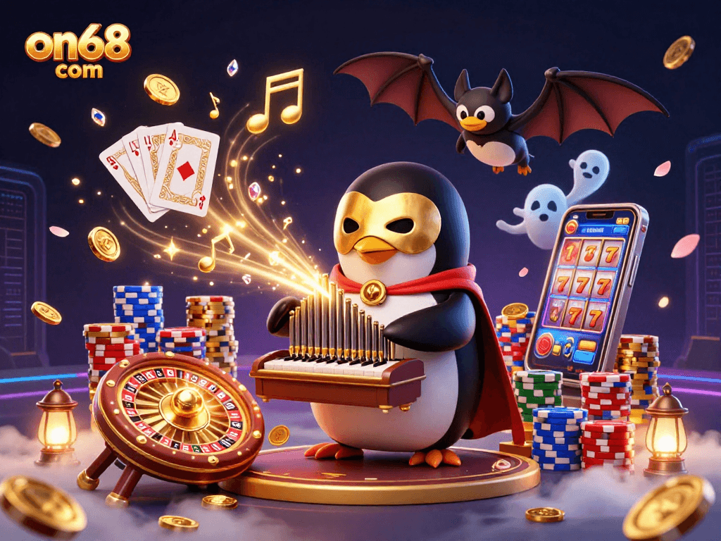 Experience thrilling wins at on68 com with an exciting 3D casino scene filled with gold coins and gaming elements.