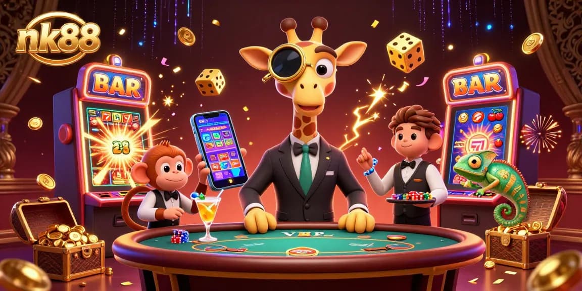 nk88 features a high-roller giraffe and monkey valet at a vibrant casino scene with jackpot excitement