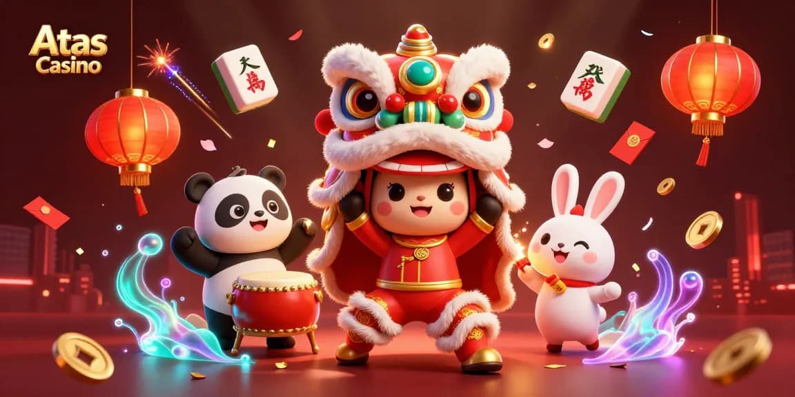 Experience the thrill of Atas Casino with a vibrant lion dance and festive gaming elements.
