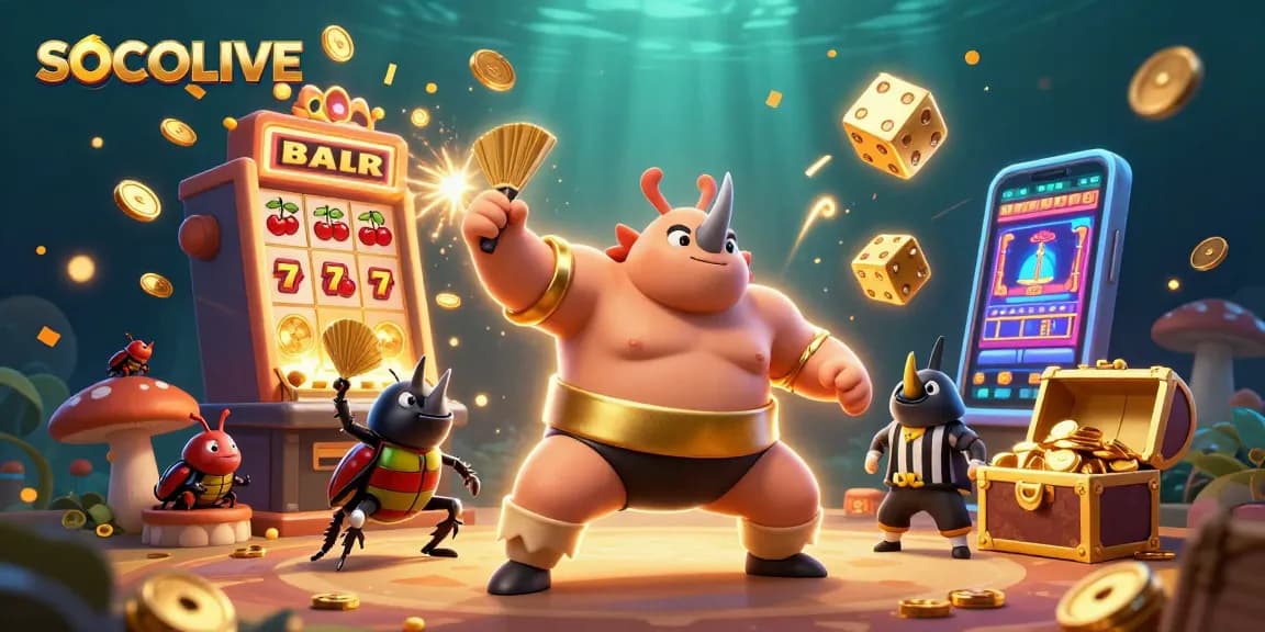 SOCOLIVE showcases a dynamic scene with a sumo champion beetle and slot machine bursting with coins and excitement.