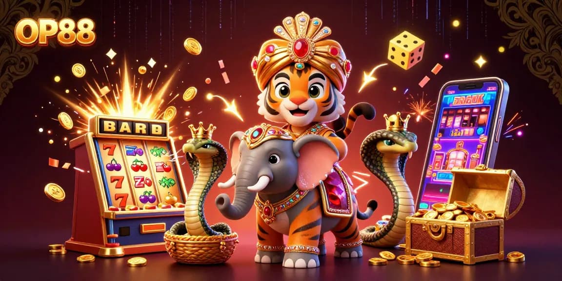 Experience thrilling jackpots at OP88 with vibrant 3D illustrations of exciting casino elements.