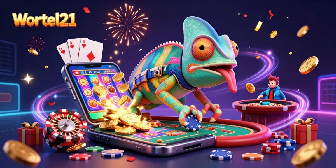 Engage with Wortel21's vibrant casino scene featuring golden coins, roulette, and colorful slot games.