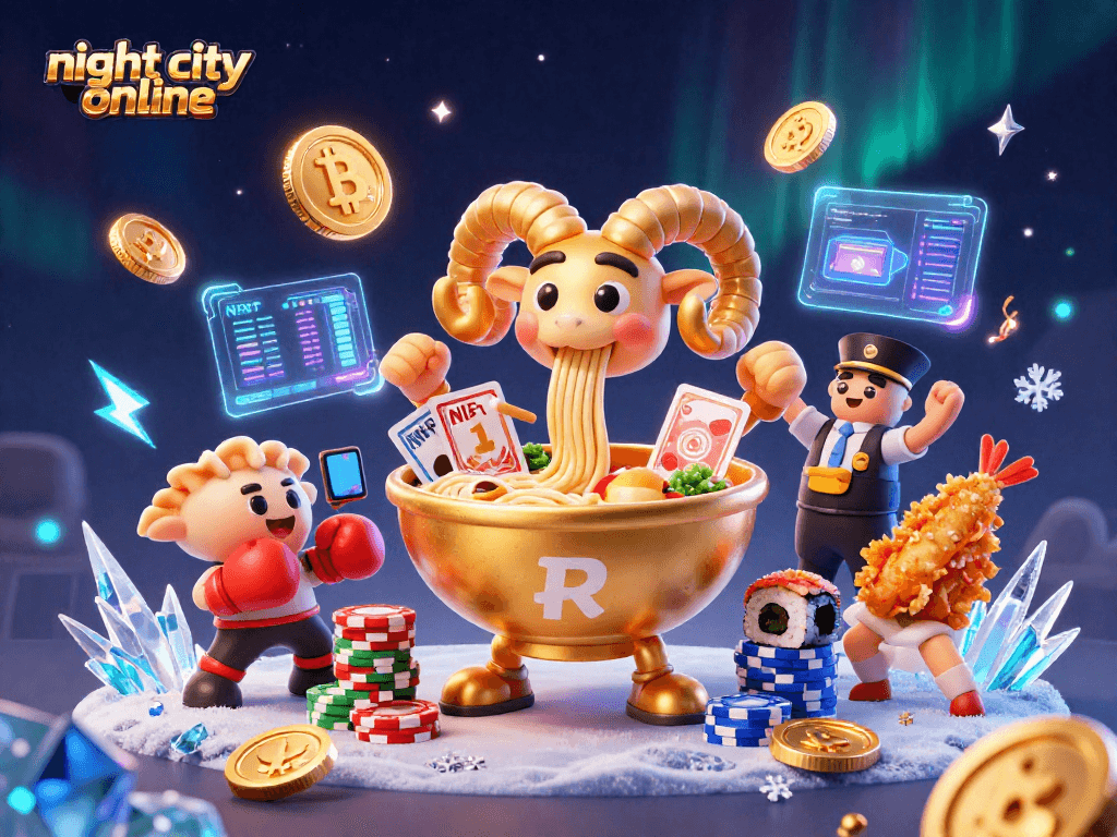 Experience the excitement of night city online with a vibrant casino-themed 3D illustration.