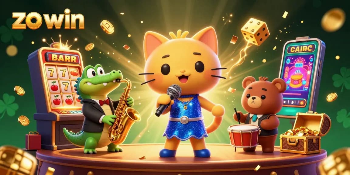 The vibrant zo win casino scene features a lively jazz-singer cat, saxophone-playing crocodile, and drum-playing bear cub amidst a dynamic composition of slot machines, dice, and games.
