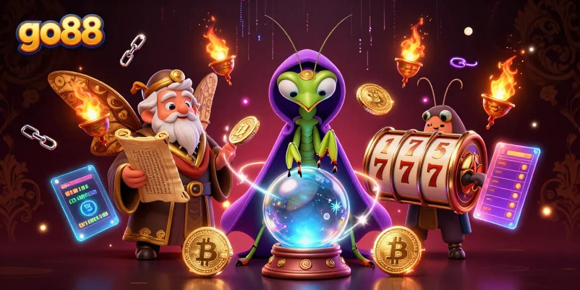 Engage in thrilling gameplay at go88 with a vibrant illustration of a mystical fortune teller and an ancient moth librarian amid a rich casino scene.