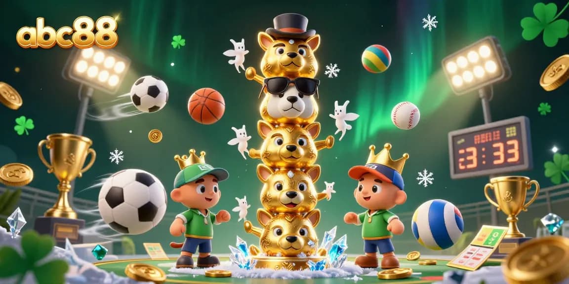 Experience the thrilling world of abc88 with this vibrant 3D casino illustration showcasing dynamic sports elements and a golden totem.