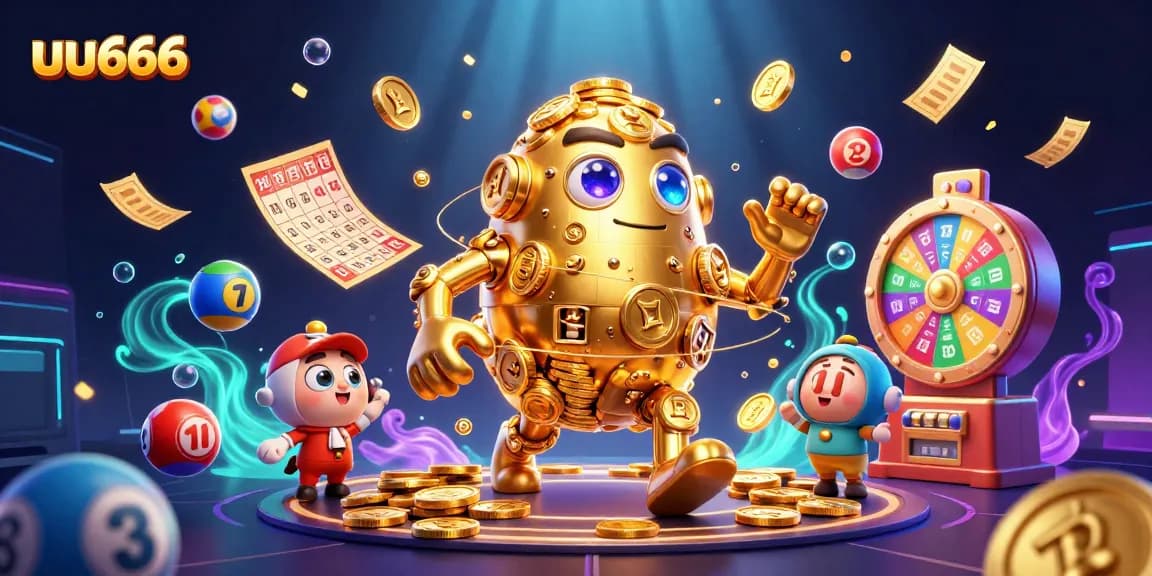Experience the excitement of uu666 with vibrant lottery balls and golden golems in action!