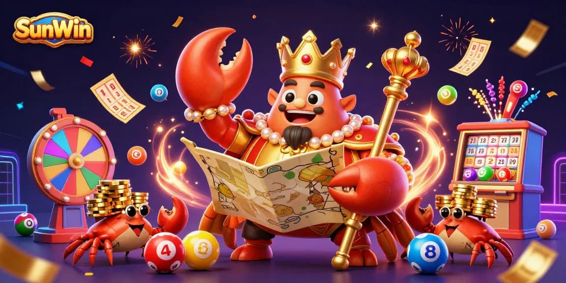 Experience exciting gaming adventures at SunWin with vibrant bingo elements and a majestic crab emperor.