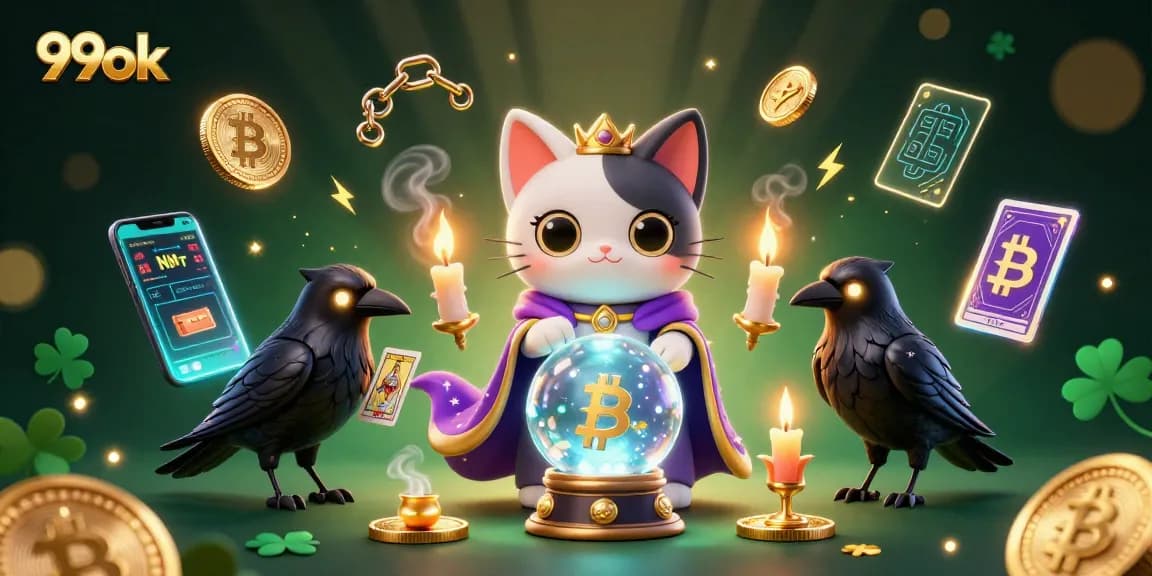 Experience gaming thrills at 99ok with a vibrant mystical illustration showcasing fortune tellers and crypto elements.