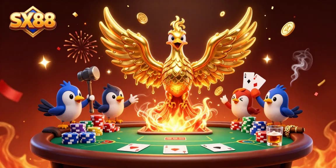 SX88 engages players with a vibrant 3D illustration of a phoenix and assets symbolizing poker excitement.