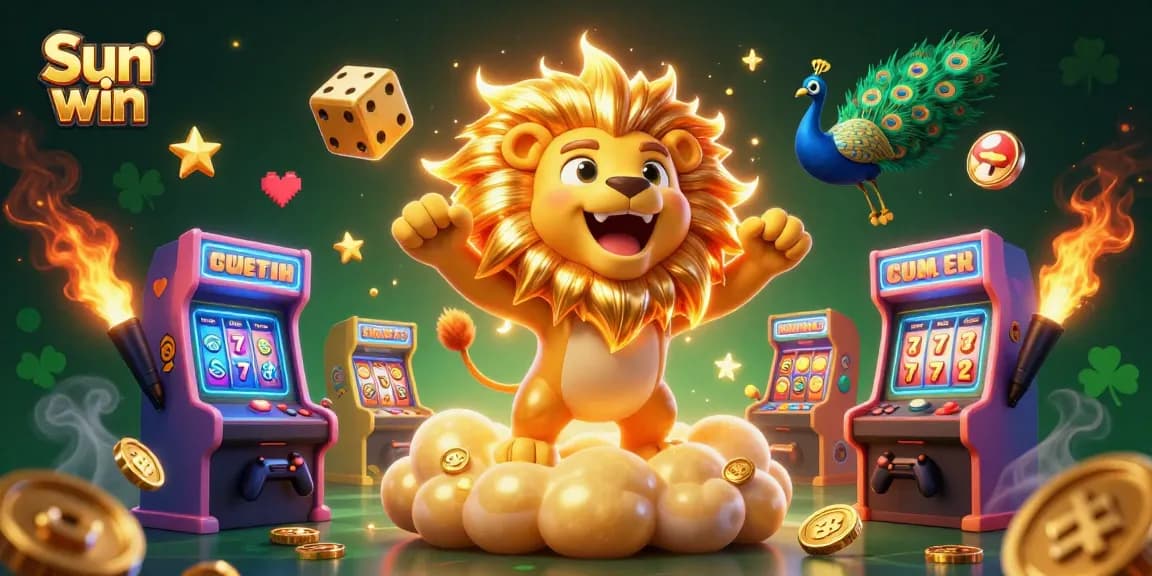 Engage in thrilling gameplay with Sun win, where a blazing sun lion roars amidst golden dice and slot elements.