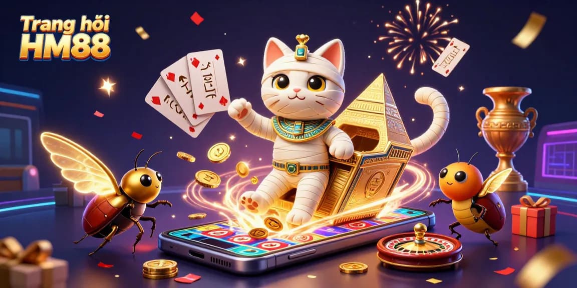 Play thrilling games on Trang chủ HM88 with a vibrant pyramid casino scene featuring a mummy cat and treasures.