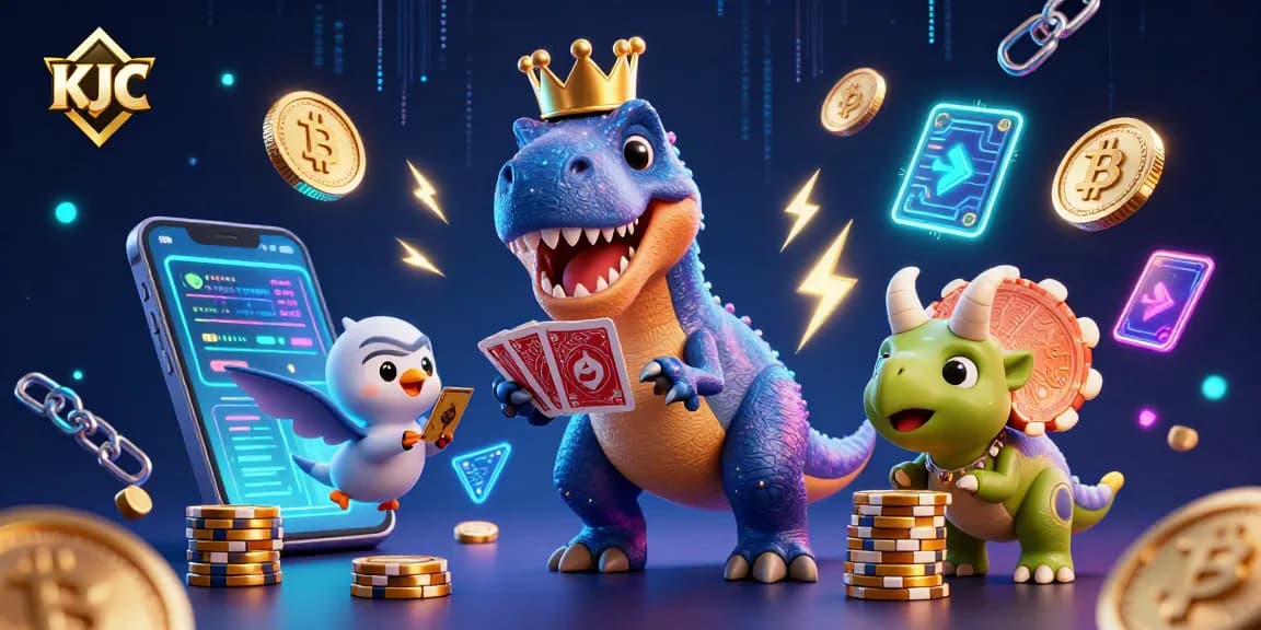 KJC offers an exciting online gaming experience with an entertaining cartoon scene featuring a T-Rex, pterodactyl, and baby triceratops.