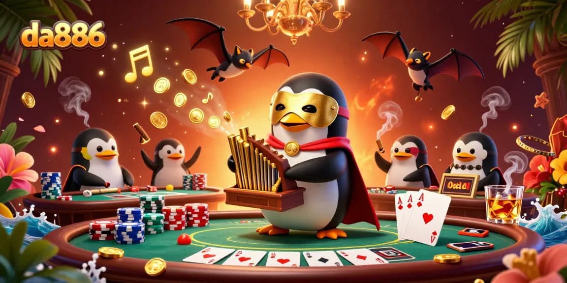 Experience thrilling wins at da886 with a vibrant 3D casino scene of a penguin playing organ, poker chips, and golden coins.