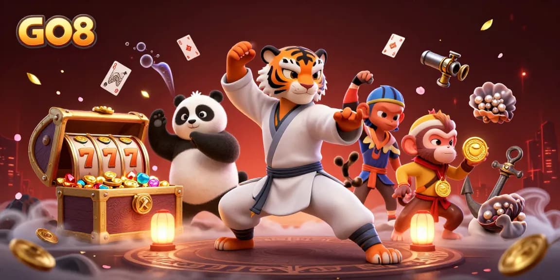 Engage with GO8's vibrant casino world, featuring a kung fu tiger master, panda disciple, and a monkey stealing medals.