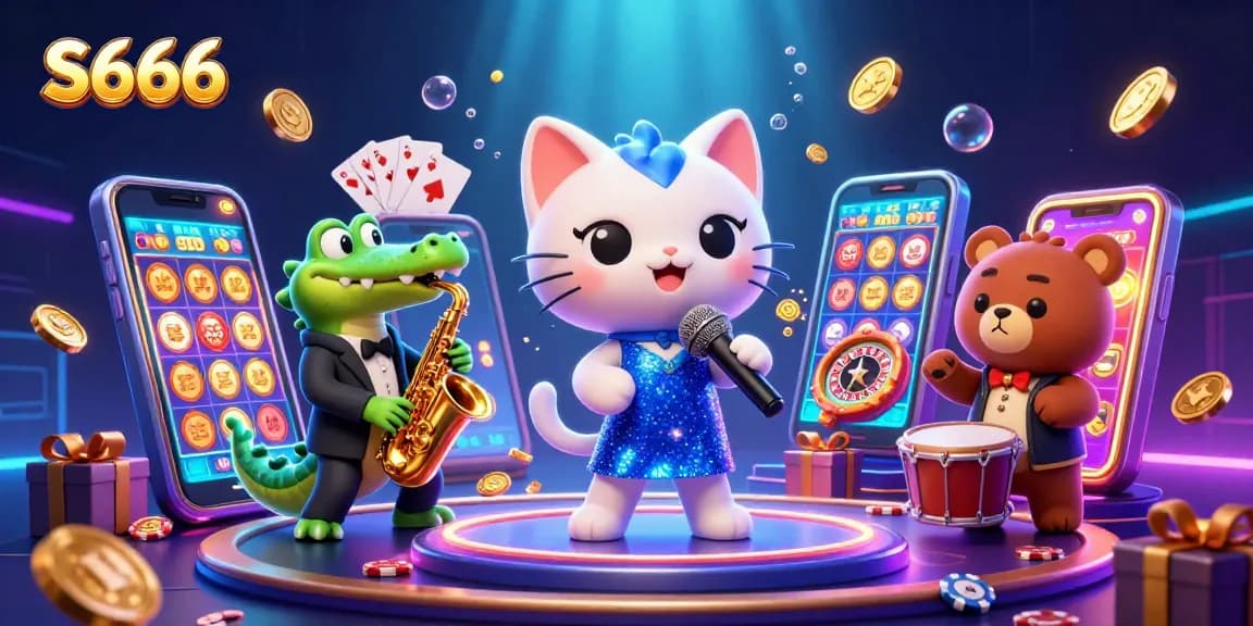 Engage with S666's vibrant casino world featuring lively characters amidst rich gaming elements.