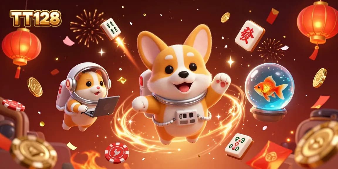 Experience TT128 with a playful 3D casino scene featuring a floating corgi and vibrant decorations.