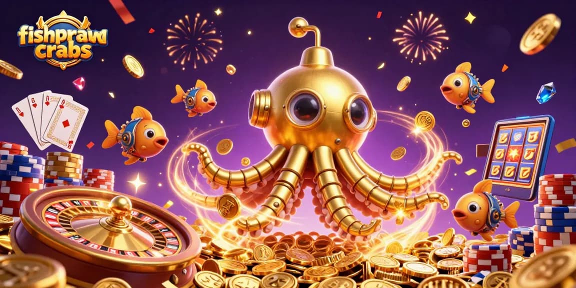 Experience winning moments with fishprawncrabs as mechanical fish swim with gold in vibrant casino atmosphere.
