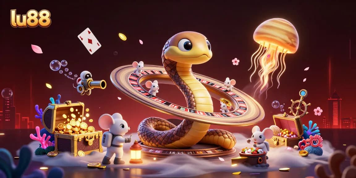 Experience exciting gameplay at lu88 with a cosmic casino scene featuring a snake and astronaut mice.