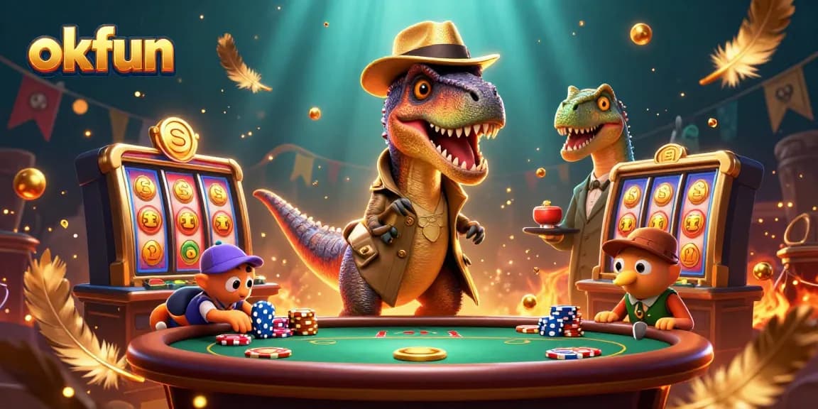 Experience excitement with okfun, featuring a velociraptor, stegosaurus, and dynamic casino elements at play.