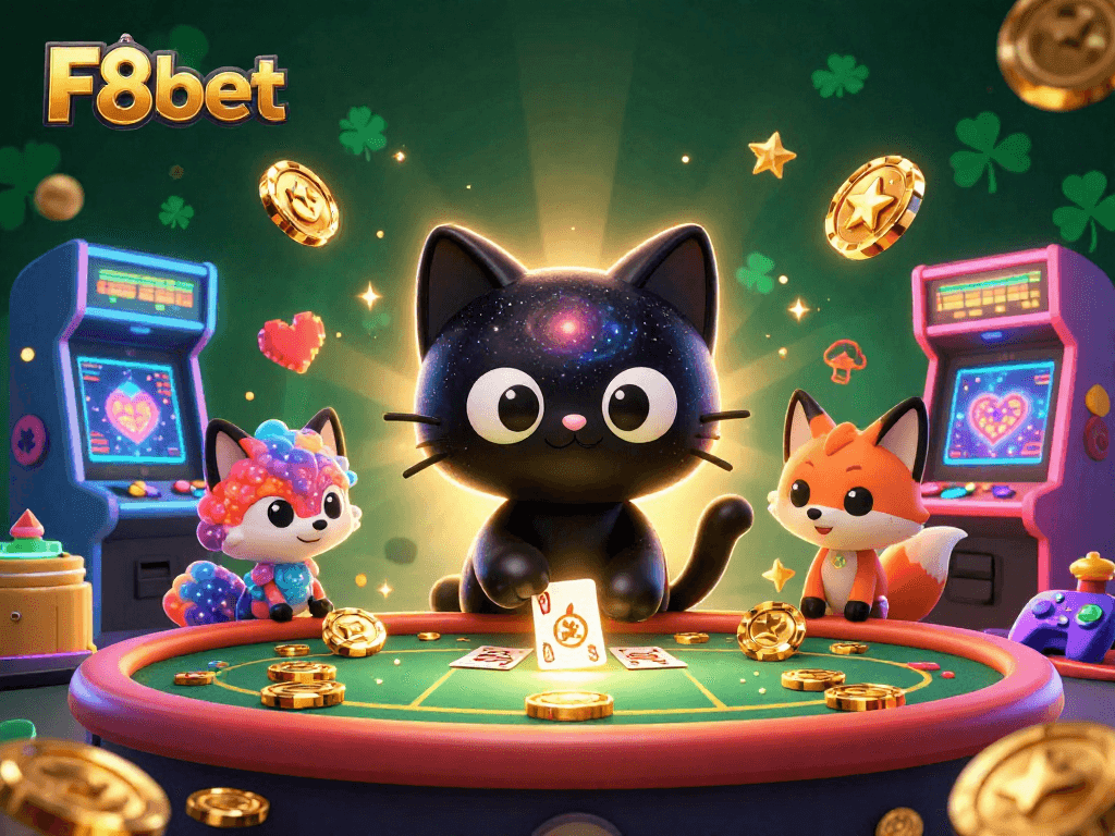 F8bet captivates players with a cosmic scene filled with golden chips and vibrant game elements.