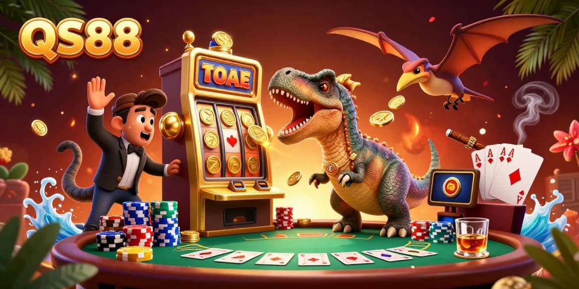 Catch the excitement at QS88: A pachycephalosaurus headbutting a slot machine amidst a vibrant casino scene.