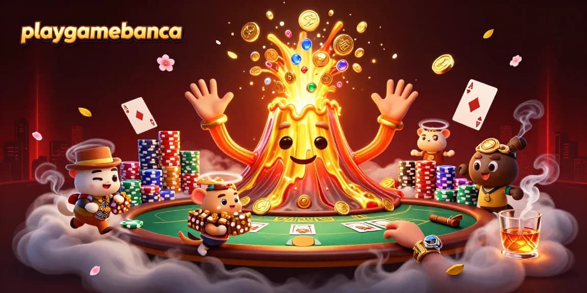 Join the excitement of playgamebanca with treasures from a golden volcano and poker elements.