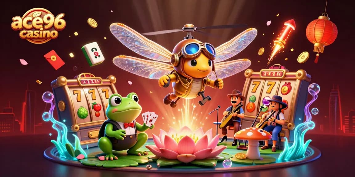 Experience the excitement of ace96 casino with vibrant slot reels and dynamic gaming elements in this lively scene.