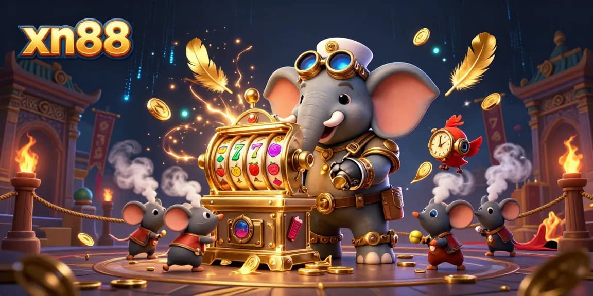Spin the xn88 slot machine with steampunk characters and rich casino elements in a vibrant illustration.