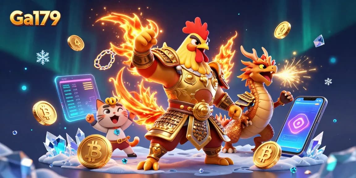 Experience thrilling cockfighting action at Ga179 with dynamic casino elements and vibrant characters.