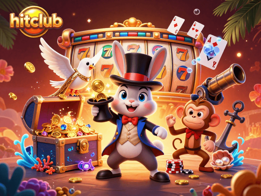 Win big with hitclub in a vibrant casino scene featuring a magician rabbit and playful characters.