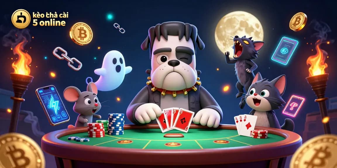 Engage in kèo nhà cái 5 online with a vibrant scene featuring unique characters and casino elements.