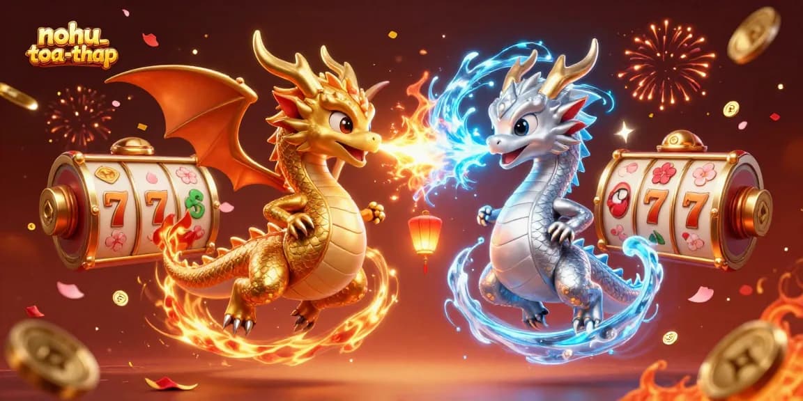 Engage in thrilling gameplay at nohu-toa-thap with vibrant dragons amidst slot reels and fortune elements.