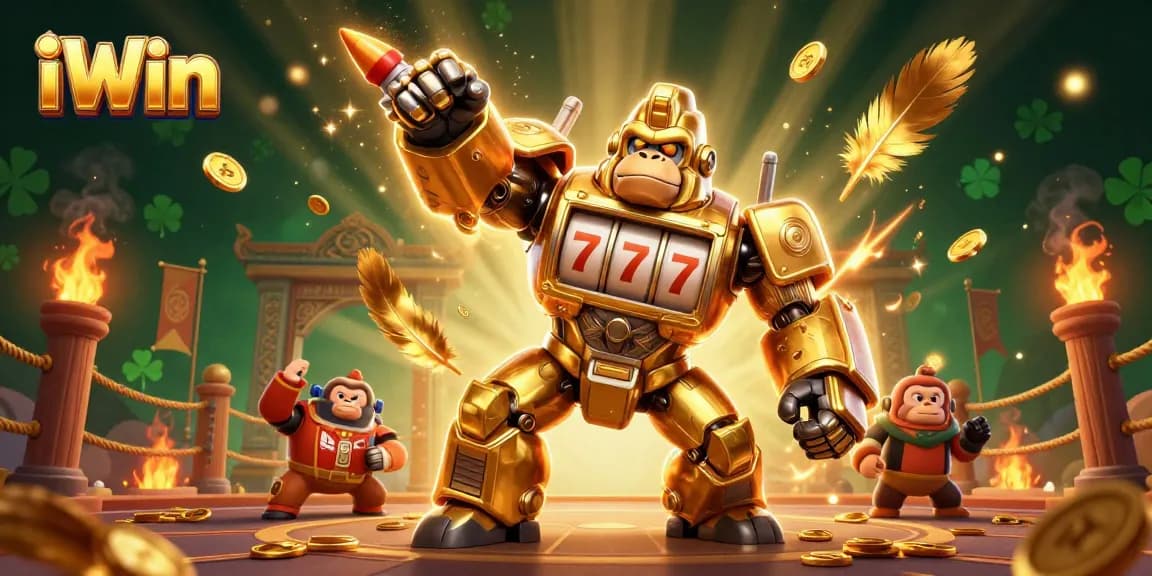 Win big with iWin's exciting golden gorilla mech blasting coins in high-stakes games.
