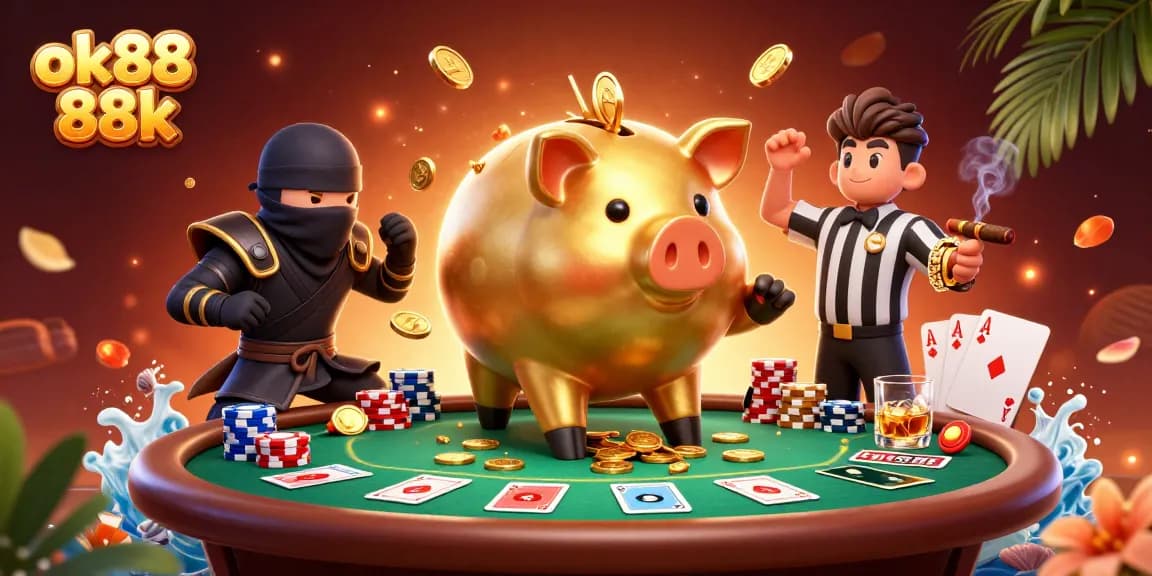 ok88 88k showcases a dynamic casino scene with a golden piggy bank sumo wrestler surrounded by gambling elements.