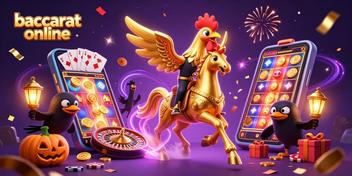 Baccarat online action with a golden rooster, magical casino atmosphere and exciting game elements.