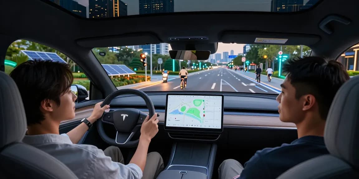Passengers enjoy their ride in an autonomous driving vehicle, showcasing urban innovation with smart traffic and advanced infotainment.