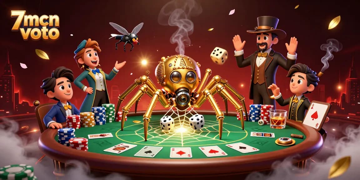Catching unlucky dice in the intricate web by a steampunk spider while enjoying 7mcn voto gambling action.